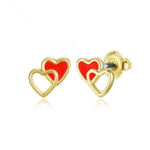Gold Plated Surgical Steel Double Heart, Open And Red Enamel Filled Heart Screwback Earrings