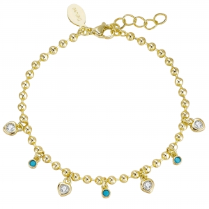 Gold Plated Brass Ball Chain With White CZ Heart Shape And Turquoise Round Bezel Charms Bracelet