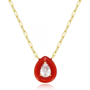 Gold Electro Plated Surgical Steel Burgundy Enamel Border And White CZ Center 11x13mm Teardrop Paper Clip Chain Necklace